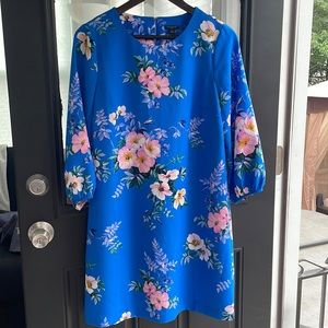 Like new Ann Taylor 8P blue dress with pink floral pattern and 3/4 sleeves